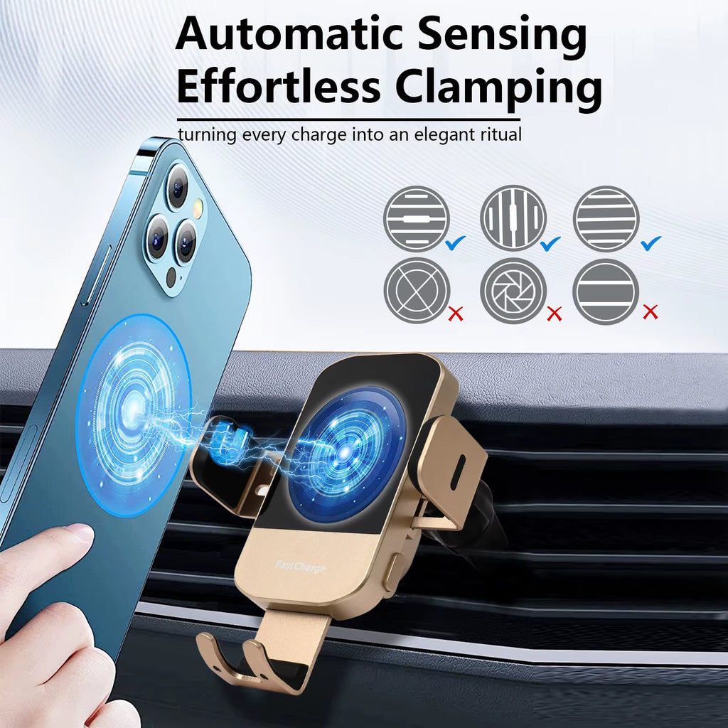 Magnetic Wireless Car Charger 15W Qi Fast Charging Adapter Auto-Clamping Phone Holder Vent Mount for Iphone 17 16 15 14 X